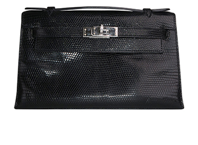 Kelly Pochette in Black Shiny Niloticus Lizard with White Gold/Diamonds, front view